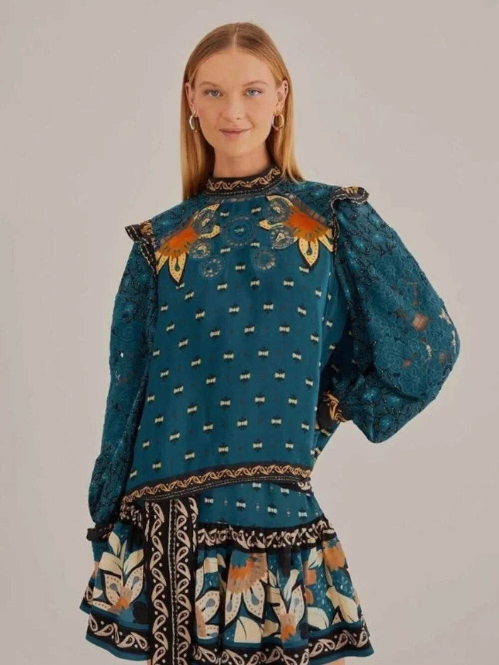 Farm Ainika Chill Blue Long Sleeve Blouse Top Crochet Embroidered S